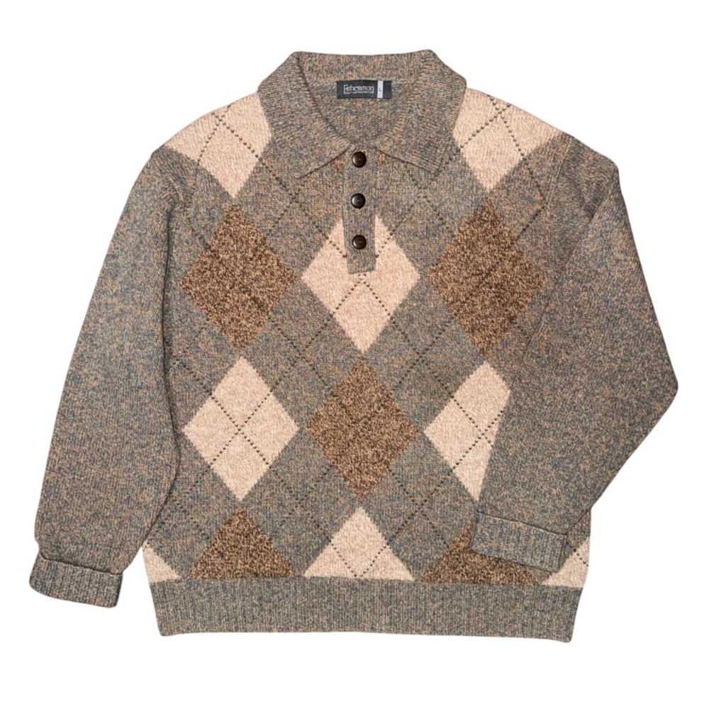 Fisherman Out of Ireland Shetland Wool Argyle Sweater Retro Preppy Academia L
